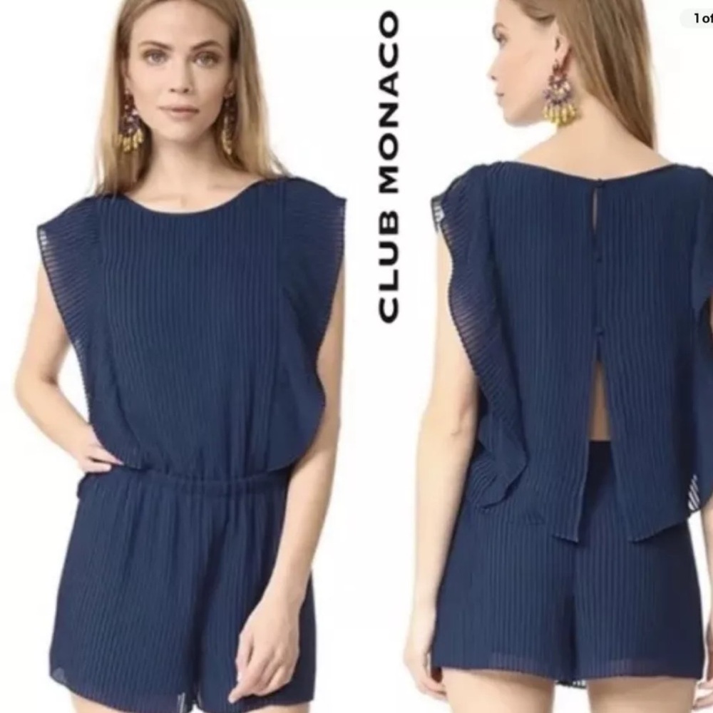 CLUB MONACO Jonet Romper Pleated Sheer Open Back In Rajasthan Navy Size 4